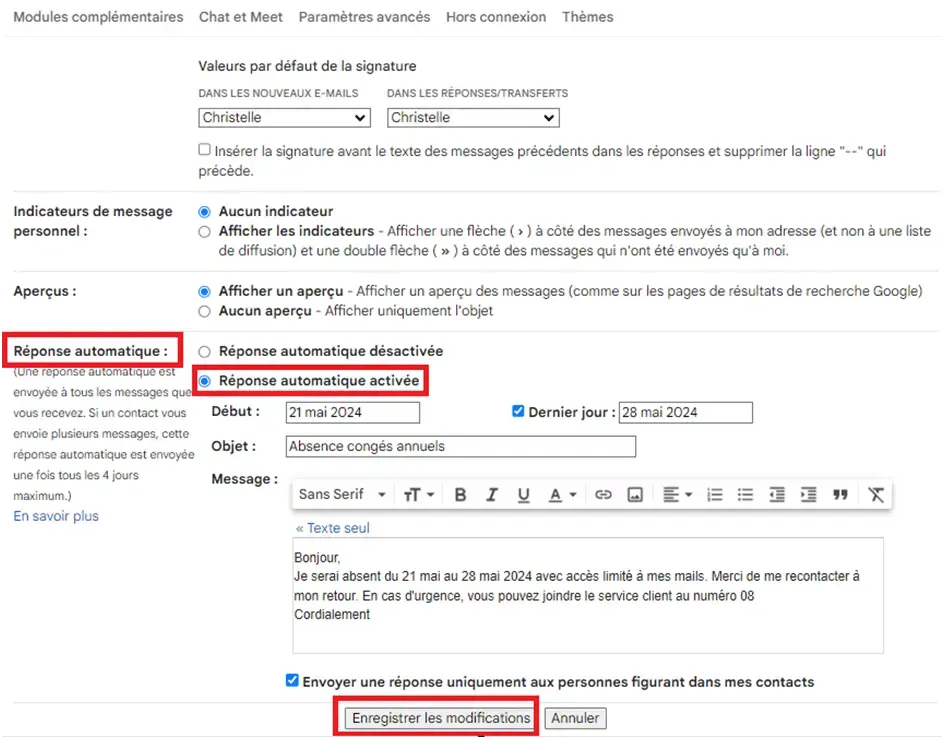 Activer loption « Réponse automatique »
