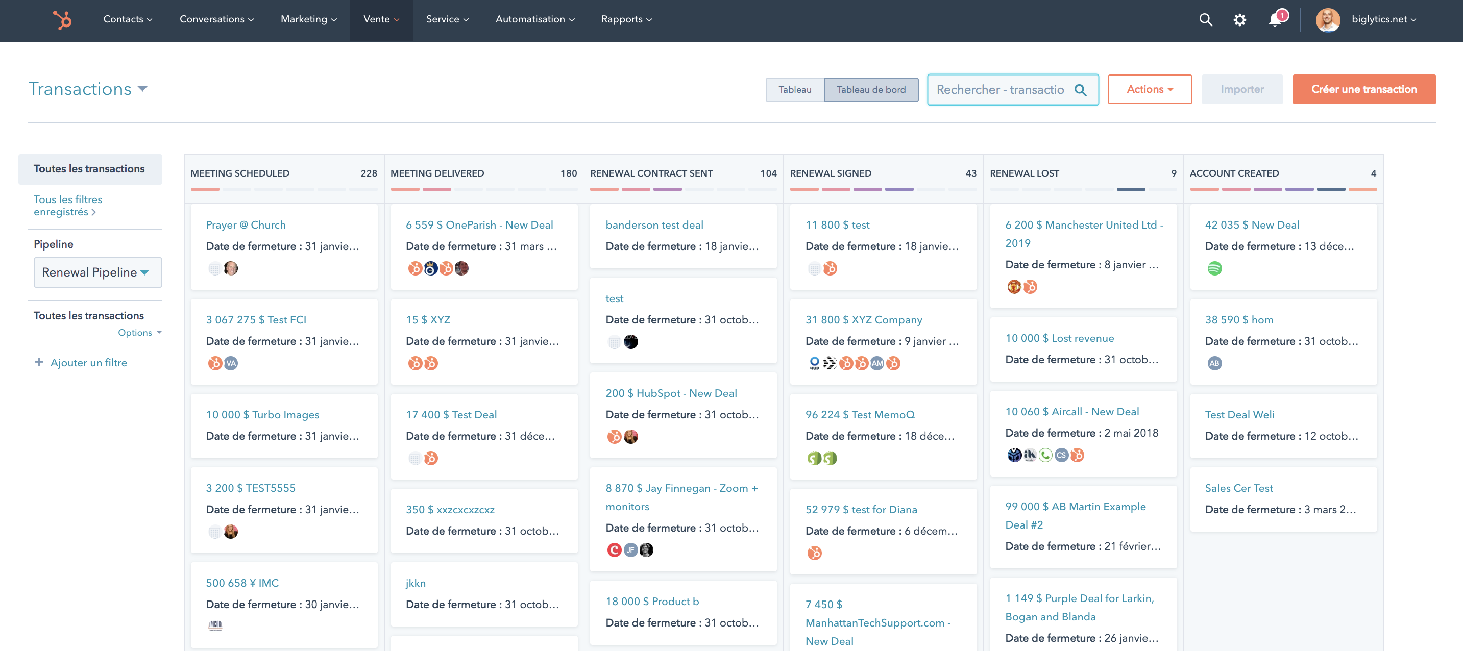 Dashboard transactions commerciales