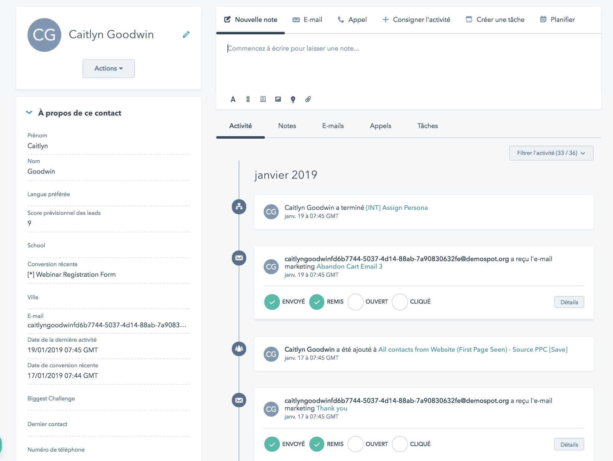 Fiche contact HubSpot CRM gratuit