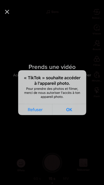 Message TikTok accès appareil photo