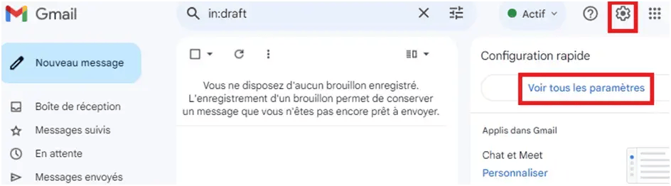 Ouvrir Gmail et aller dans Paramètres