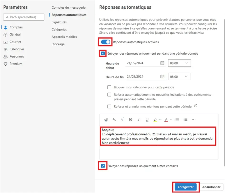 Sélectionner les dates dabsences et rédiger le message