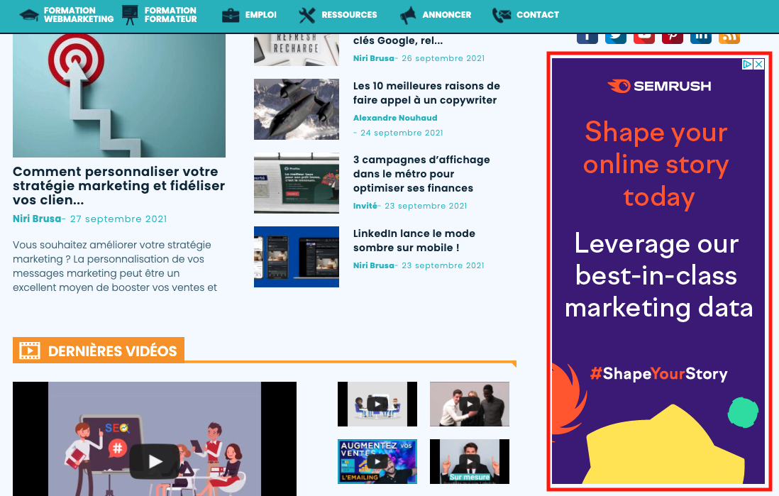 Publicité display verticale de Semrush sur le site de webmarketing and com' 