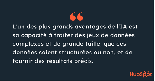Citation de l'article indiquant que l'un des plus grands avantages de l'intelligence artificielle est sa capacité à traiter des jeux de données complexes et de grande taille