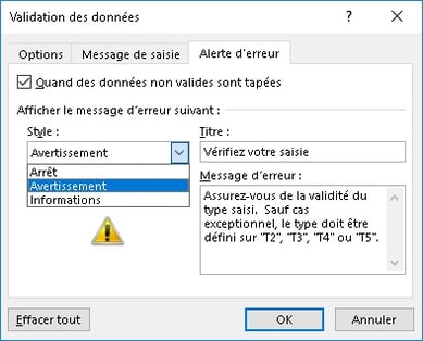 avertissement validation des données dans excel