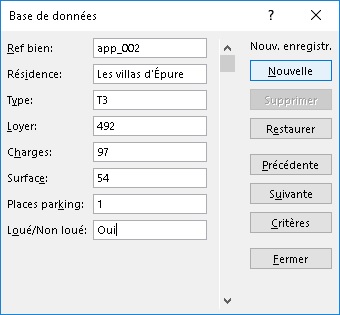 base de données excel