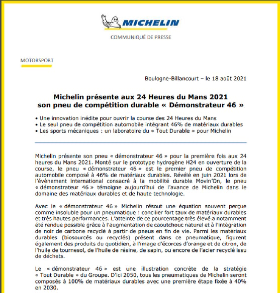 communiqué de presse de Michelin