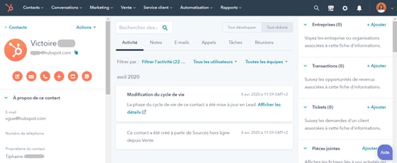 vue d'un lead dans l'interface de HubSpot