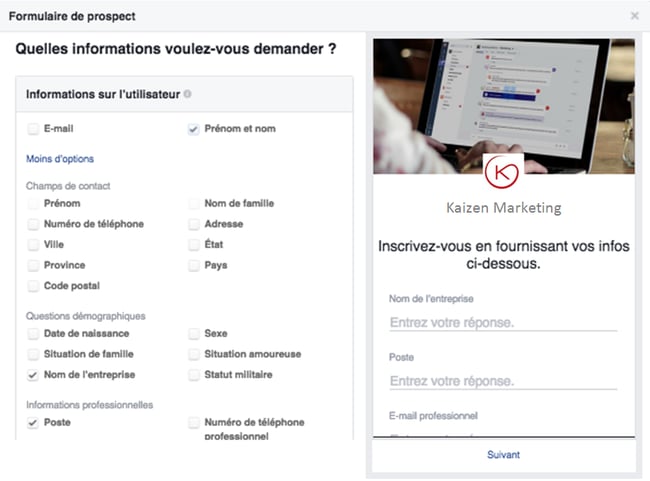 formulaire prospect facebook