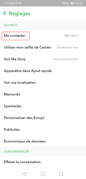 réglage compte snap chat qui peut me contacter