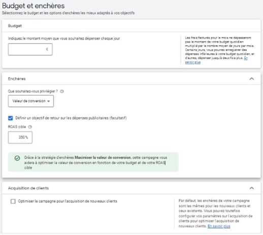 Budget et enchères Performance Max