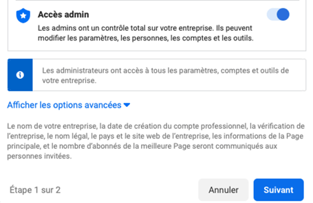 Cliquer sur accès admin pour ajouter un administrateur Facebook