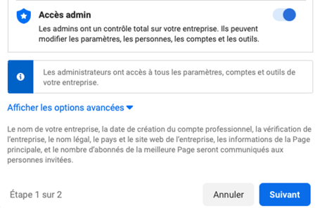 Cliquer sur accès admin pour ajouter un administrateur Facebook