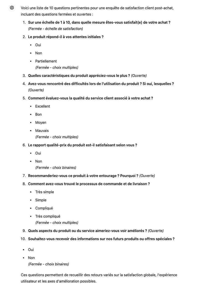 Créer une liste de questions pour évaluer la satisfaction client