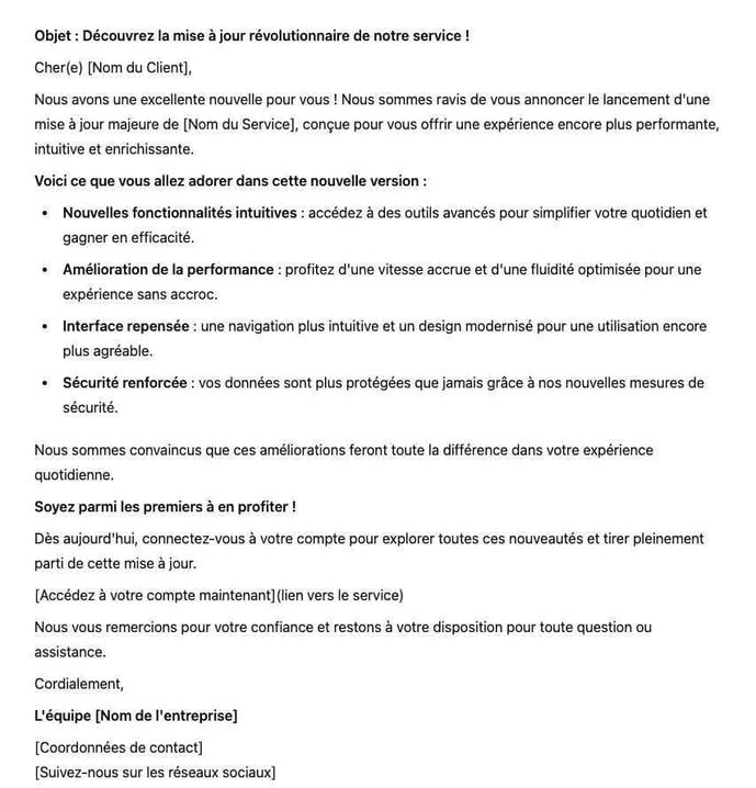 Créer un modèle d'e-mail pour annoncer une mise à jour de service