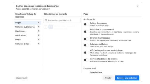 Gestionnaire des accès pour ajouter un administrateur Facebook