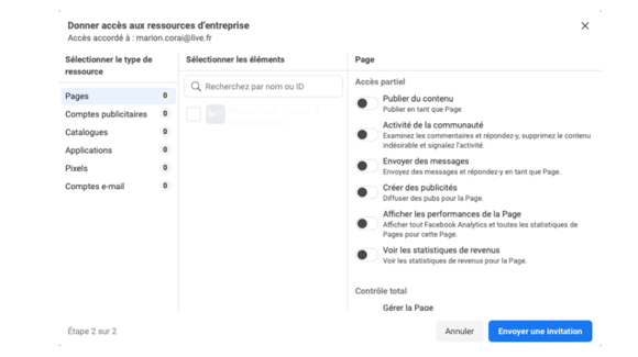 Gestionnaire des accès pour ajouter un administrateur Facebook