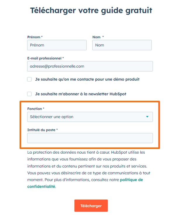 Un formulaire Hubspot pour télécharger un guide gratuit.