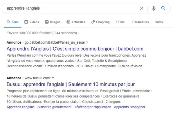 exemple annonce google ads sur la recherche apprendre l'anglais