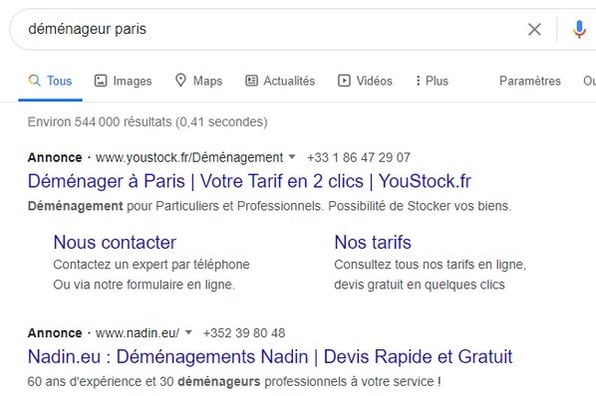 annonce déménageur paris avec lien d'appel