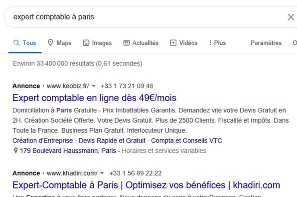 annonce google ads sur la recherche expert comptable à paris