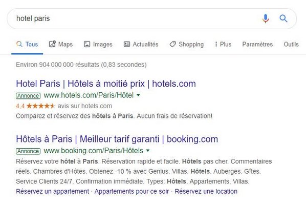 exemple annonce google ads sur la recherche google hotel paris