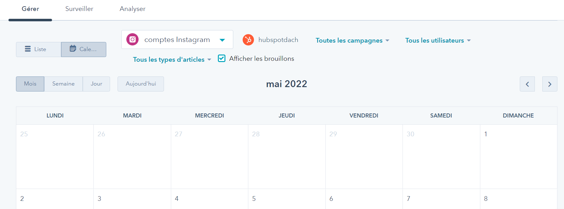 calendrier éditorial de publication HubSpot