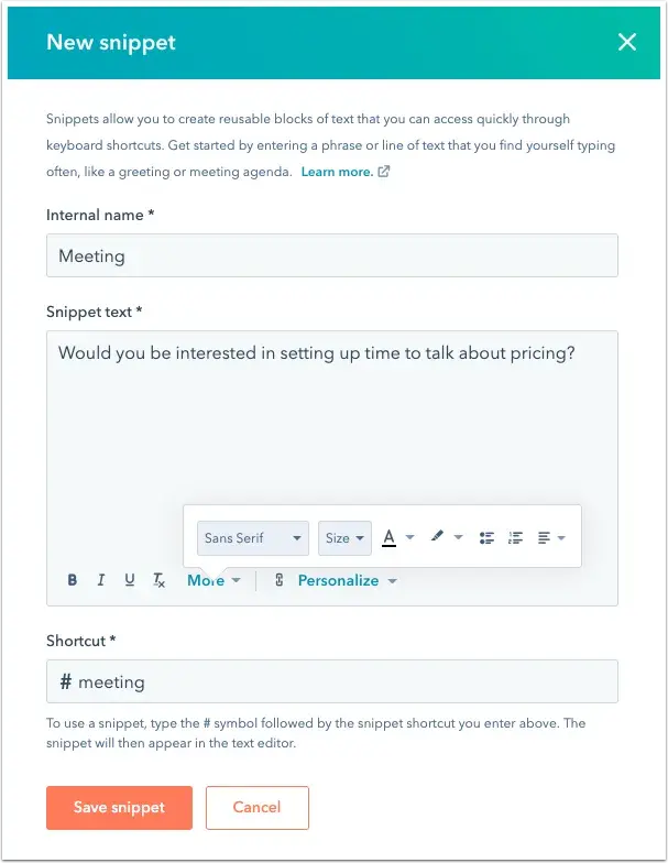 Fonctionnalités CRM&nbsp;: bloc de texte prédéfini dans HubSpot