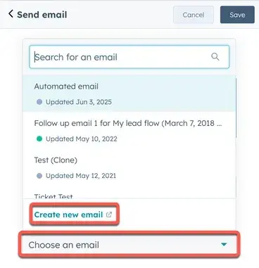 menu déroulant des workflows de HubSpot mettant en évidence la création d'un nouvel e-mail&nbsp;; e-mail marketing pour les entreprises de CVC