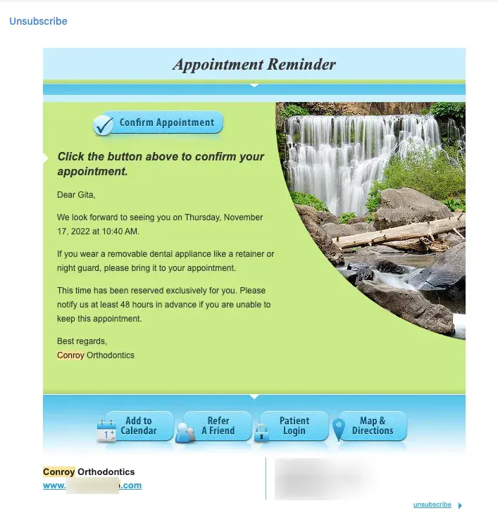 exemple de rappel de rendez-vous par e-mail marketing pour dentiste