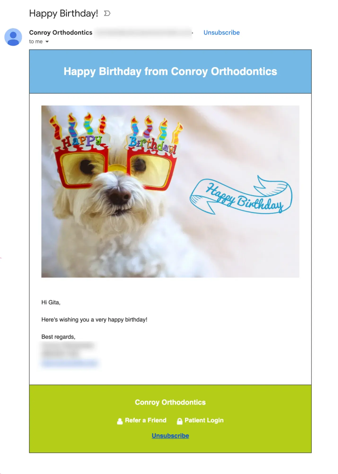 exemple de message d'anniversaire par e-mail marketing pour dentiste