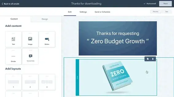 capture d'écran montrant l'éditeur en glisser-déposer de HubSpot pour l'e-mail marketing dentaire