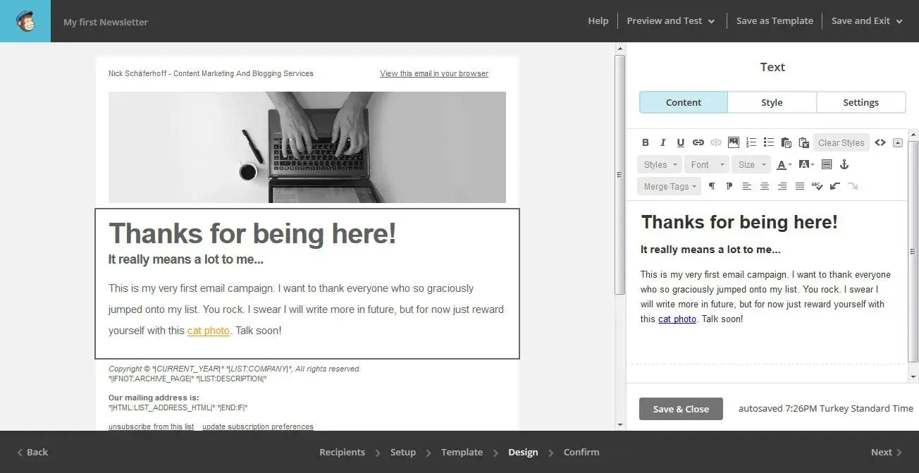 capture d'écran montrant l'éditeur de Mailchimp pour l'e-mail marketing dentaire