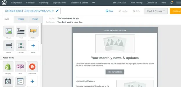 capture d'écran montrant l'éditeur de Constant Contact pour l'e-mail marketing dentaire