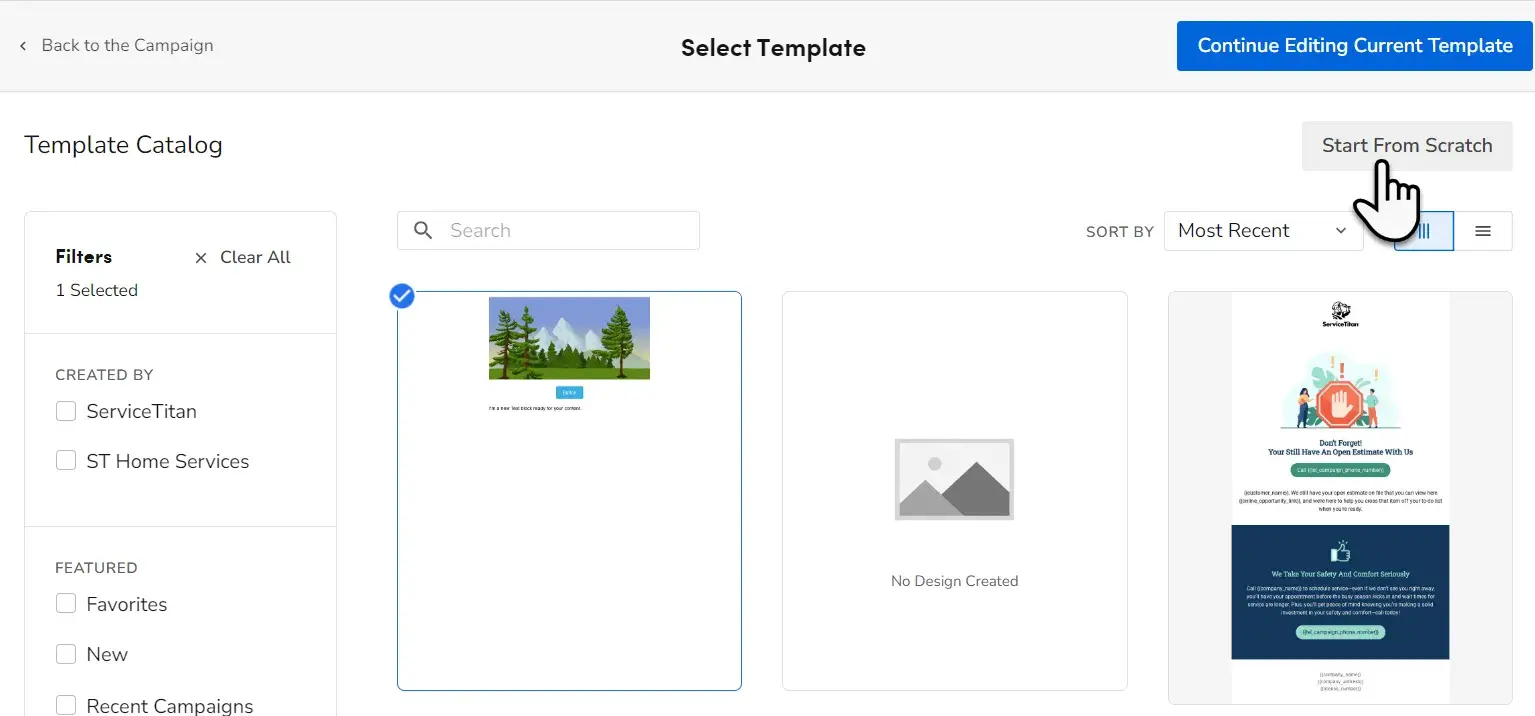 une capture d'écran de l'interface utilisateur du logiciel d'e-mail marketing de ServiceTitan