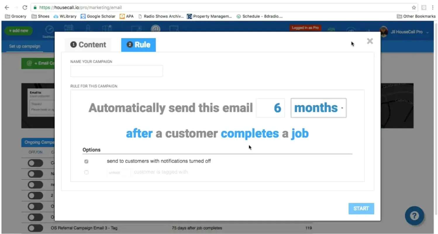 une capture d'écran de l'interface utilisateur du logiciel d'e-mail marketing de Housecall Pro