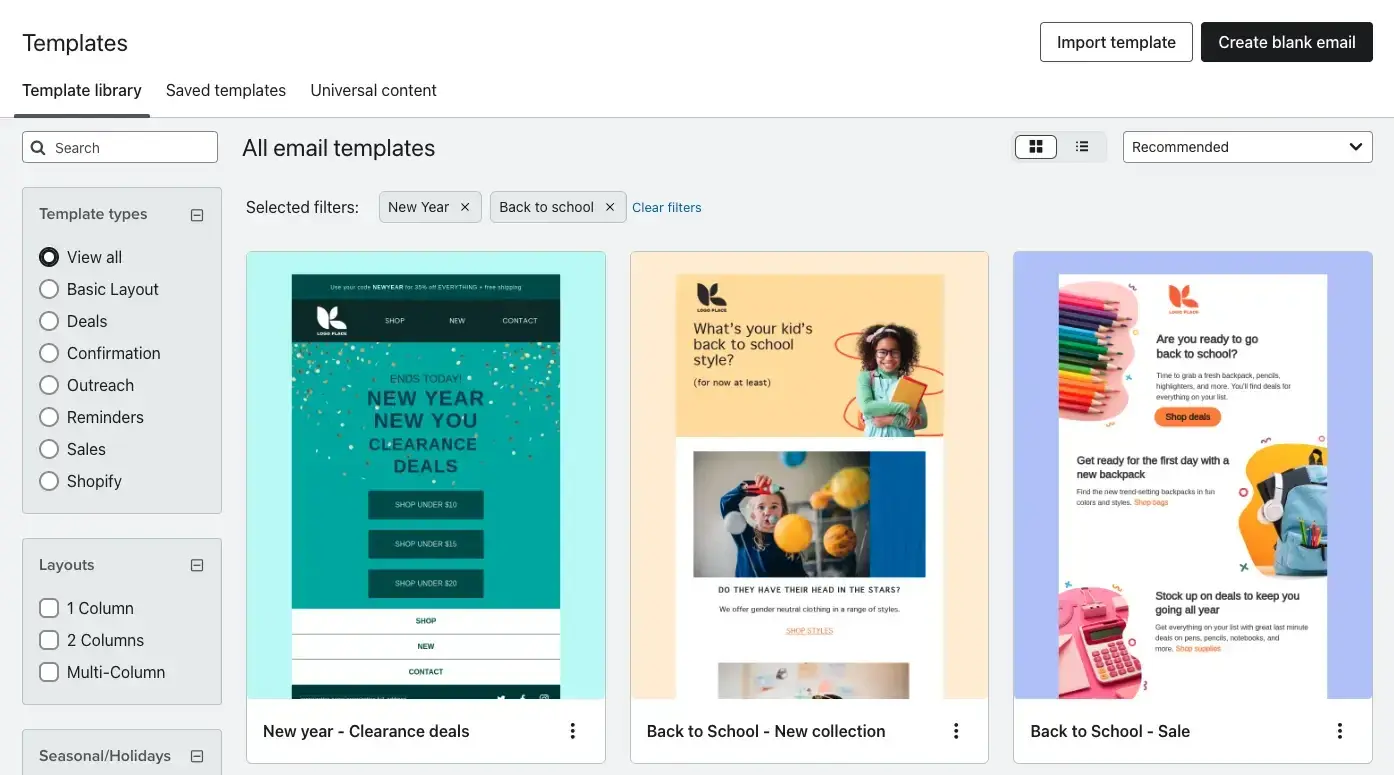 une capture d'écran de l'interface utilisateur de l'e-mail marketing de Klaviyo pour l'événementiel