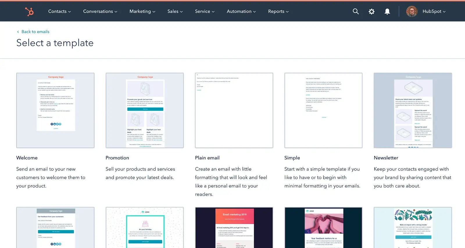 une capture d'écran de l'interface utilisateur de l'e-mail marketing de HubSpot pour l'événementiel