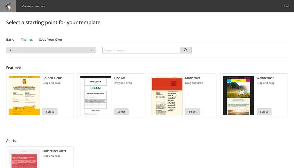 une capture d'écran de l'interface utilisateur de l'e-mail marketing de Mailchimp pour l'événementiel