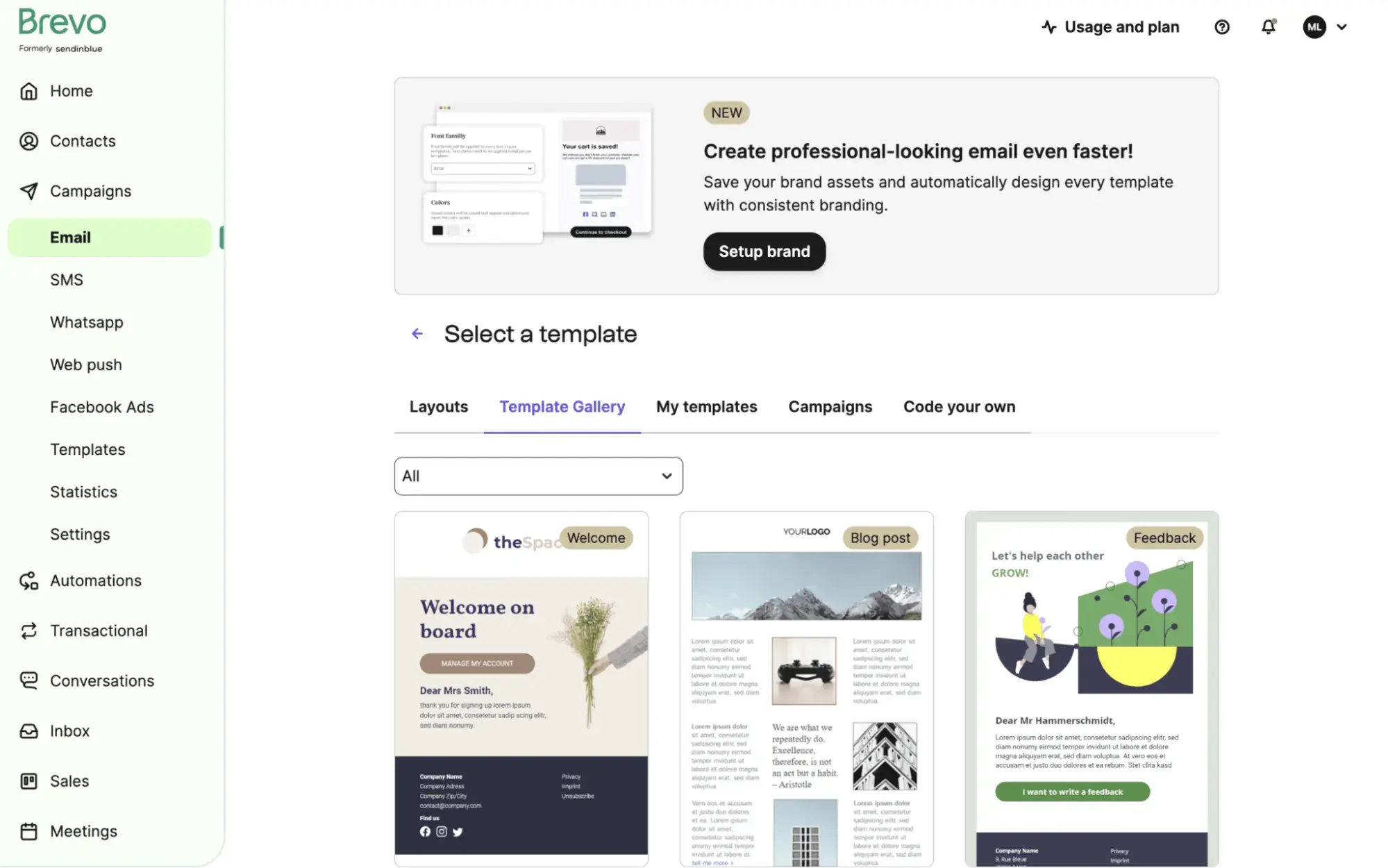 une capture d'écran de l'interface utilisateur de l'e-mail marketing de Brevo pour l'événementiel