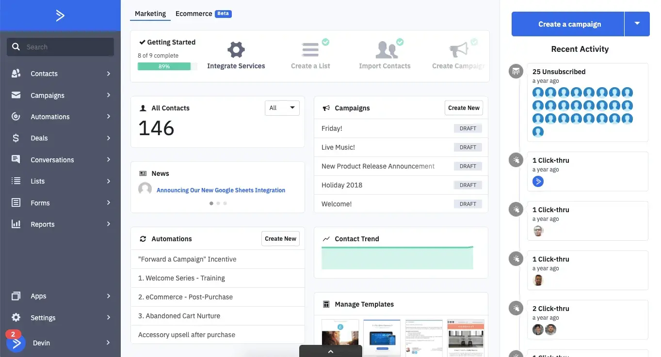 une capture d'écran de l'interface utilisateur de l'e-mail marketing d'ActiveCampaign