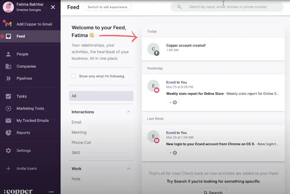une capture d'écran de l'interface utilisateur de l'e-mail marketing de Copper