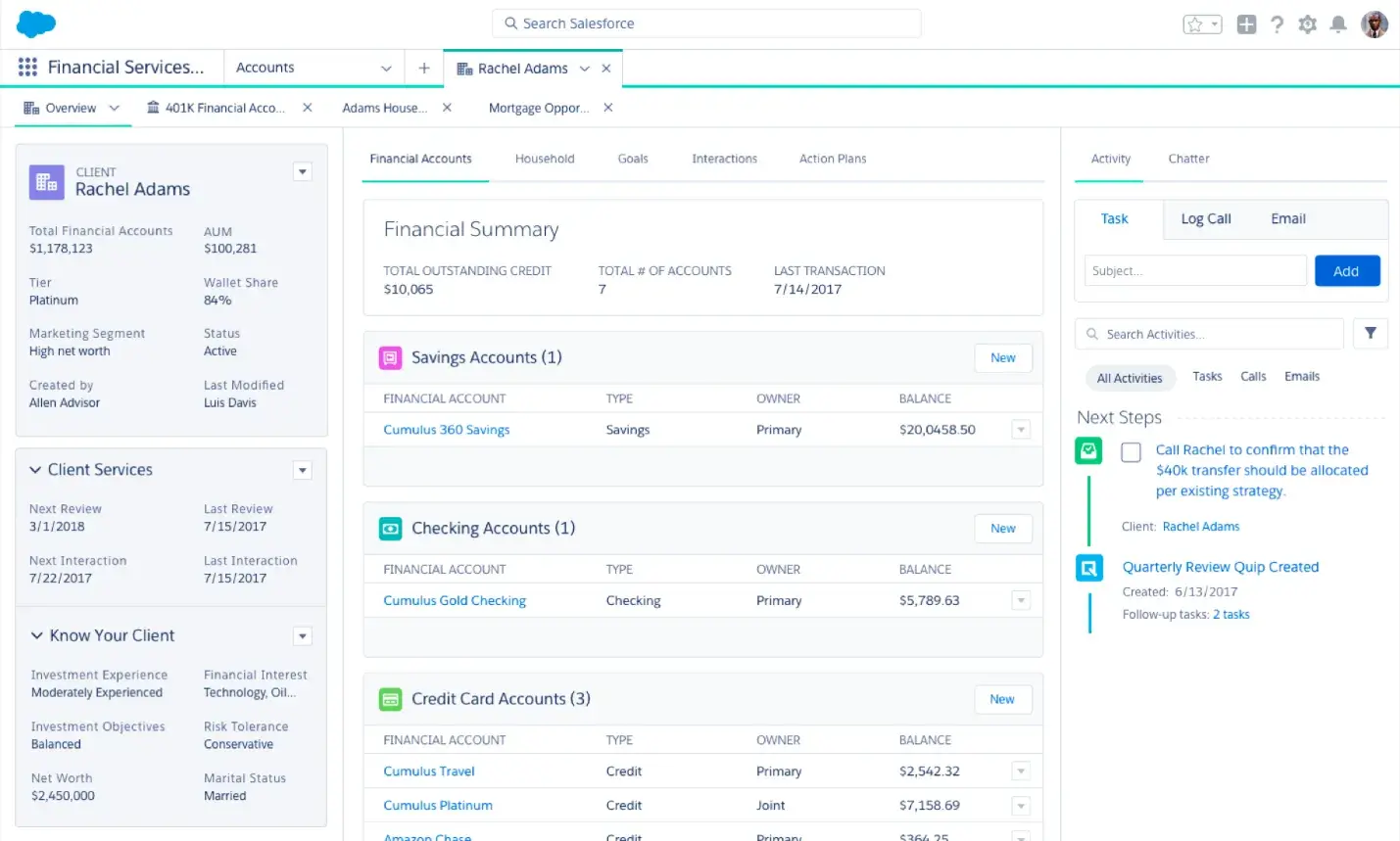 une capture d'écran de l'interface utilisateur du logiciel d'e-mail marketing Salesforce Financial Service Cloud