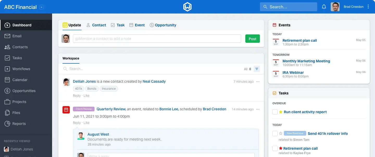une capture d'écran de l'interface utilisateur du logiciel d'e-mail marketing Wealthbox