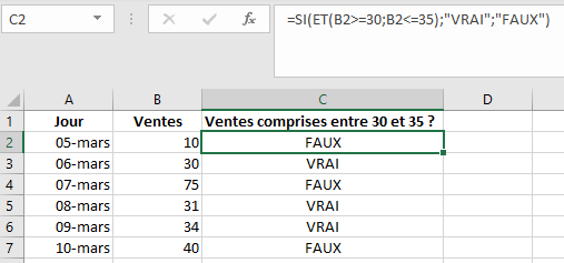 exemple d'utilisation de la fonction ET dans Excel
