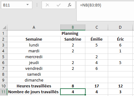 exemple d'utilisation de la fonction NB dans Excel