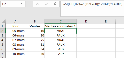 Example of using the OR function in Excel