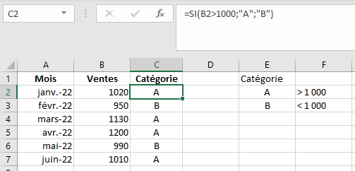 exemple d'utilisation de la fonction SI dans Excel