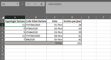 Fonction NBCAR dans Excel