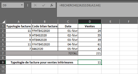 Fonction RECHERCHE dans Excel